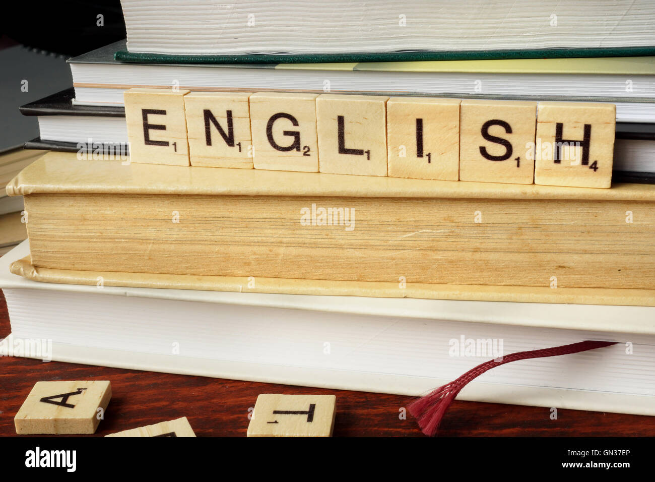 Englische Wort aus Holzblöcken mit Buchstaben. Stockfoto