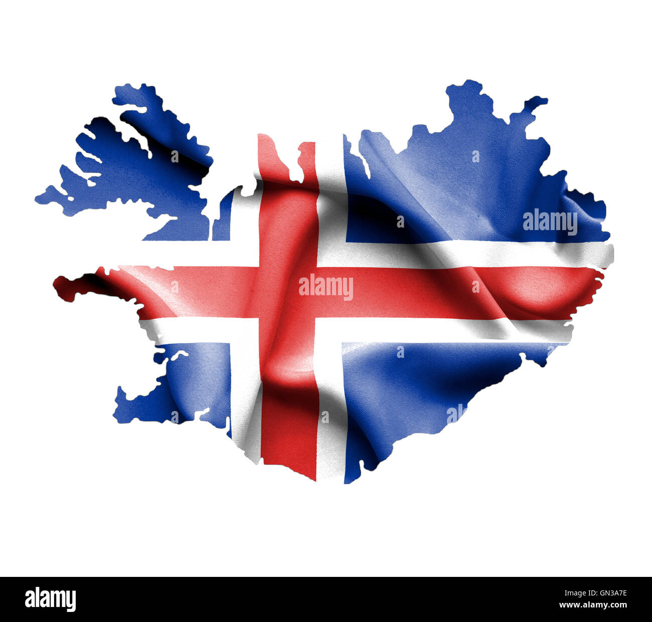 Karte von Island mit wehende Flagge isoliert auf weiss Stockfoto
