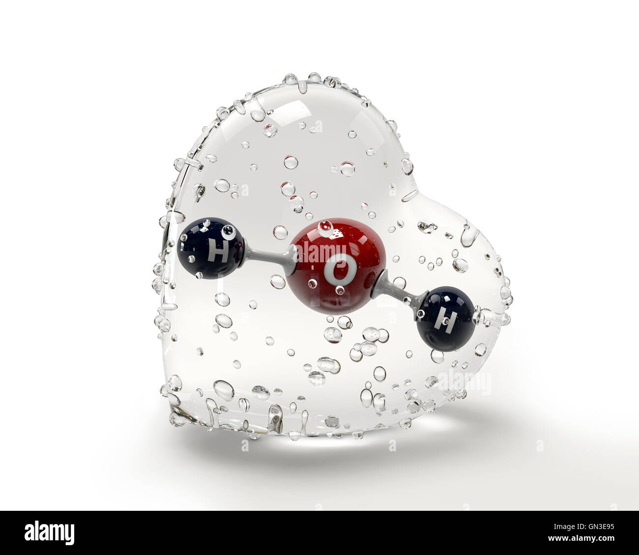 Ein 3D Illustration Molekül des Wassers mit einem Condinsation Herzen auf weißem Hintergrund Stockfoto