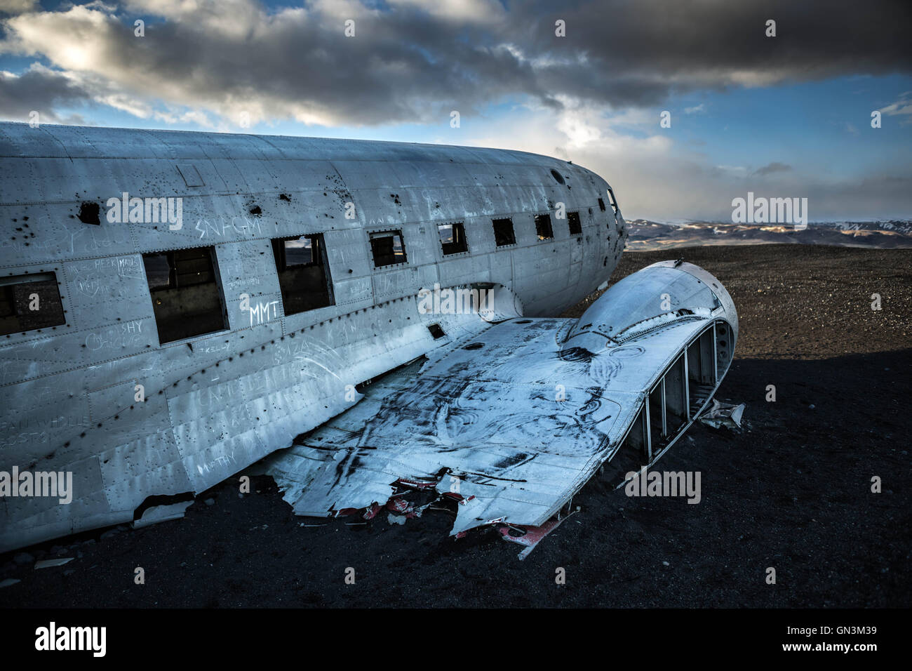 DC-3 US Navy Flugzeug Wrack Absturzstelle in Vik, Island Stockfoto