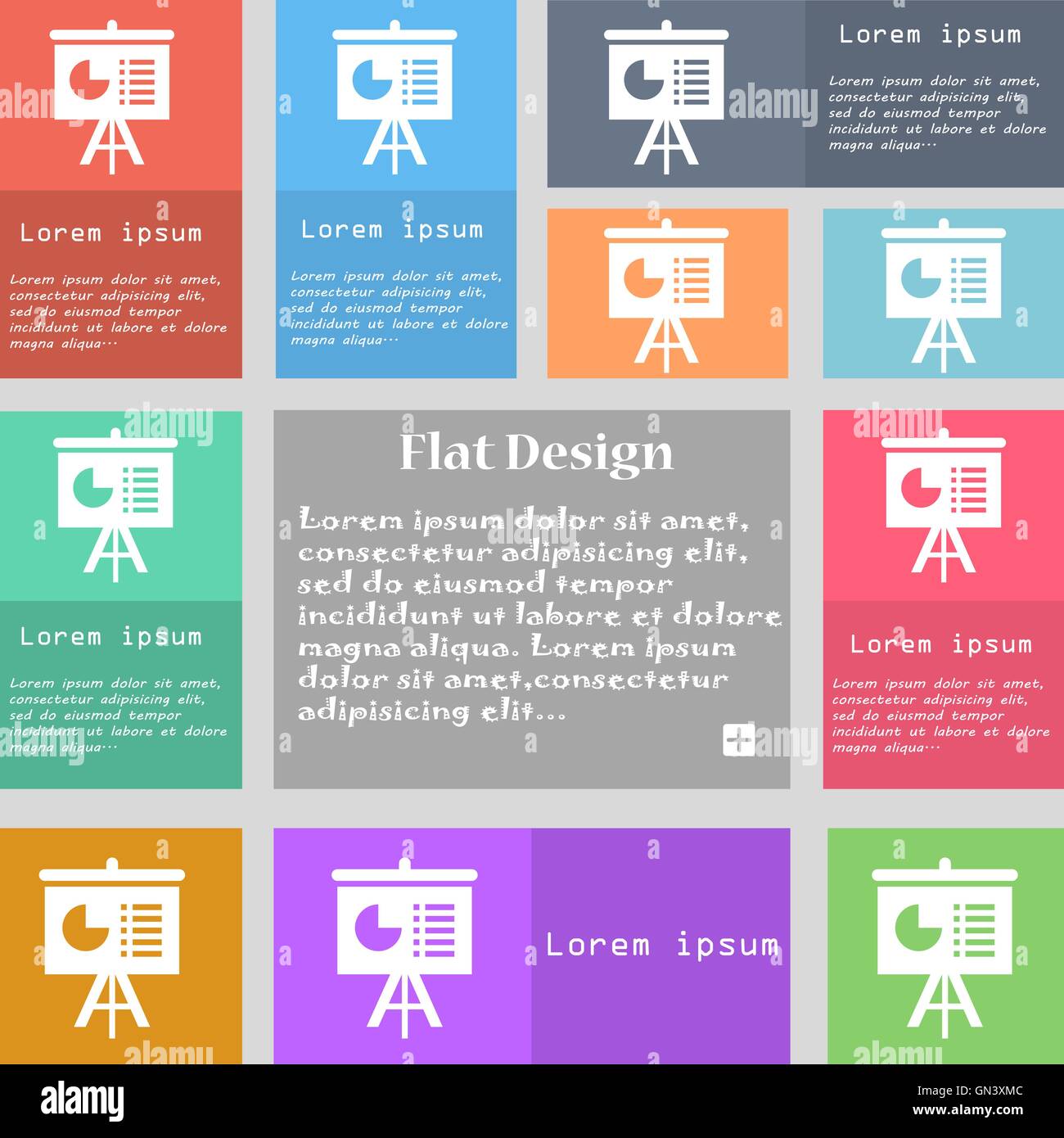 Präsentation-Board Symbol Zeichen. Reihe von bunten Tasten mit Platz für Text. Vektor Stock Vektor