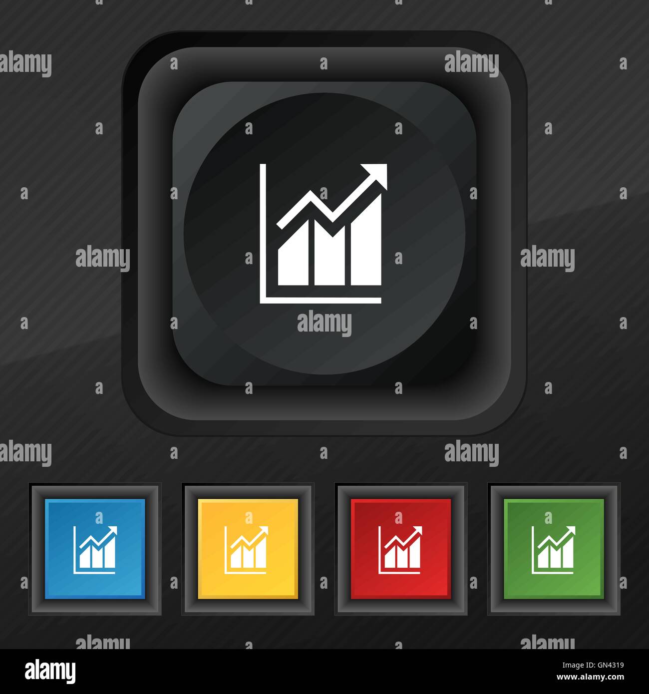 Wachsende Balkendiagramm Symbol Symbol. Satz von fünf bunten, stilvolle Knöpfe am schwarzen Textur für Ihr Design. Vektor Stock Vektor