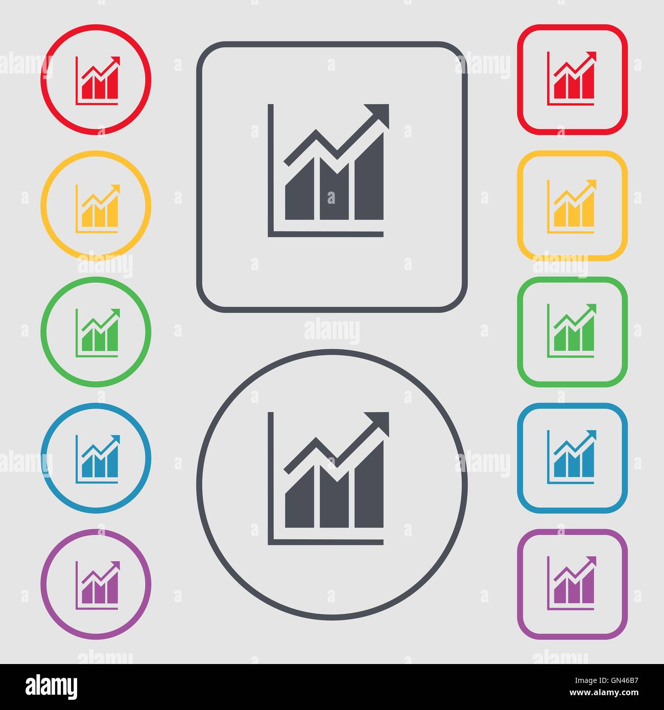 Wachsende Balkendiagramm Symbol Zeichen. Symbol auf der Runde und quadratische Tasten mit Rahmen. Vektor Stock Vektor
