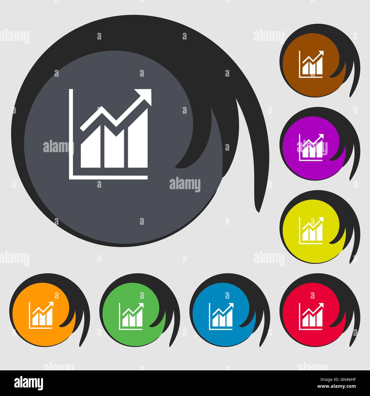 Wachsende Balkendiagramm-Symbol. Symbole auf acht farbigen Tasten. Vektor Stock Vektor