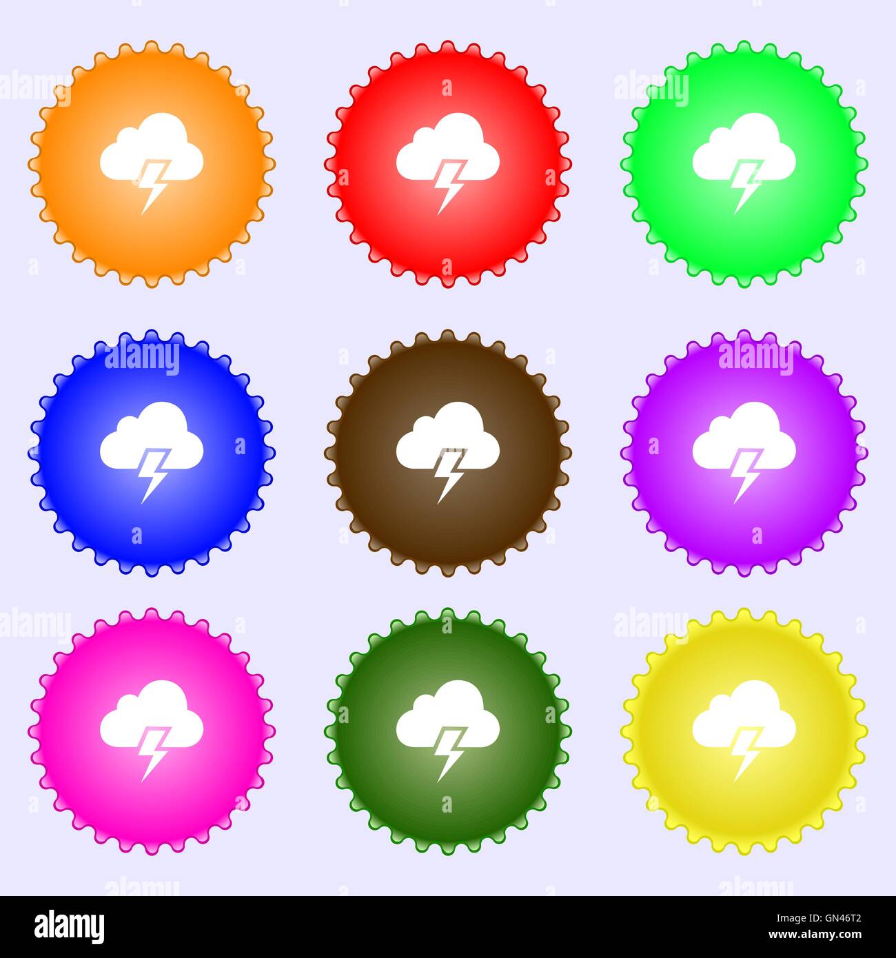 Schweres Gewitter Symbol Zeichen. Eine Reihe von neun verschiedenen farbigen Etiketten. Vektor Stock Vektor