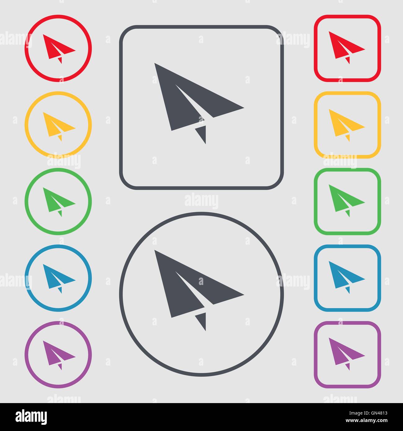 Papier Flugzeug Symbol Zeichen. Symbol auf der Runde und quadratische Tasten mit Rahmen. Vektor Stock Vektor