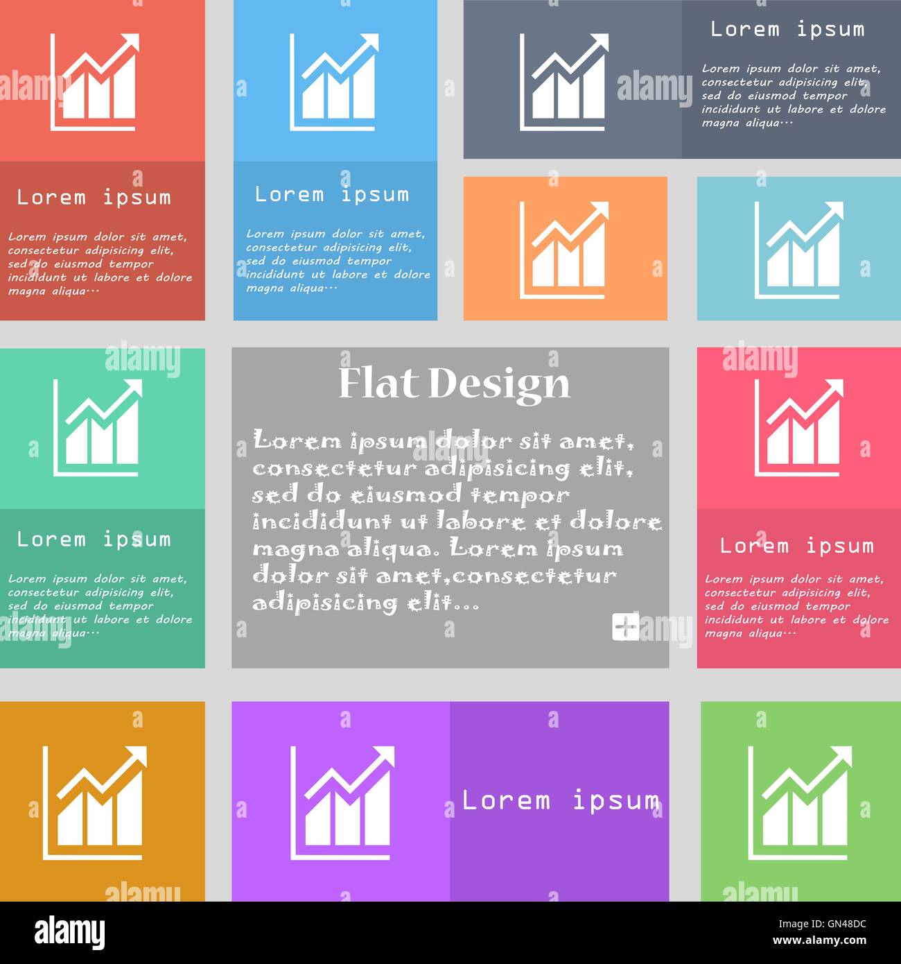 Wachsende Balkendiagramm Symbol Zeichen. Reihe von bunten Tasten mit Platz für Text. Vektor Stock Vektor