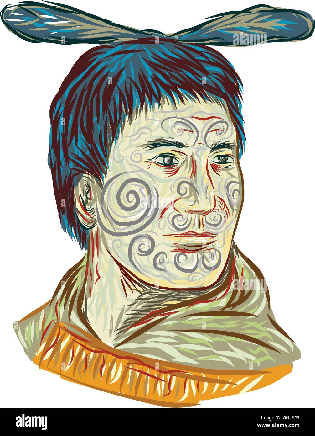Maori-Häuptling Krieger Kopf Zeichnung Stock Vektor
