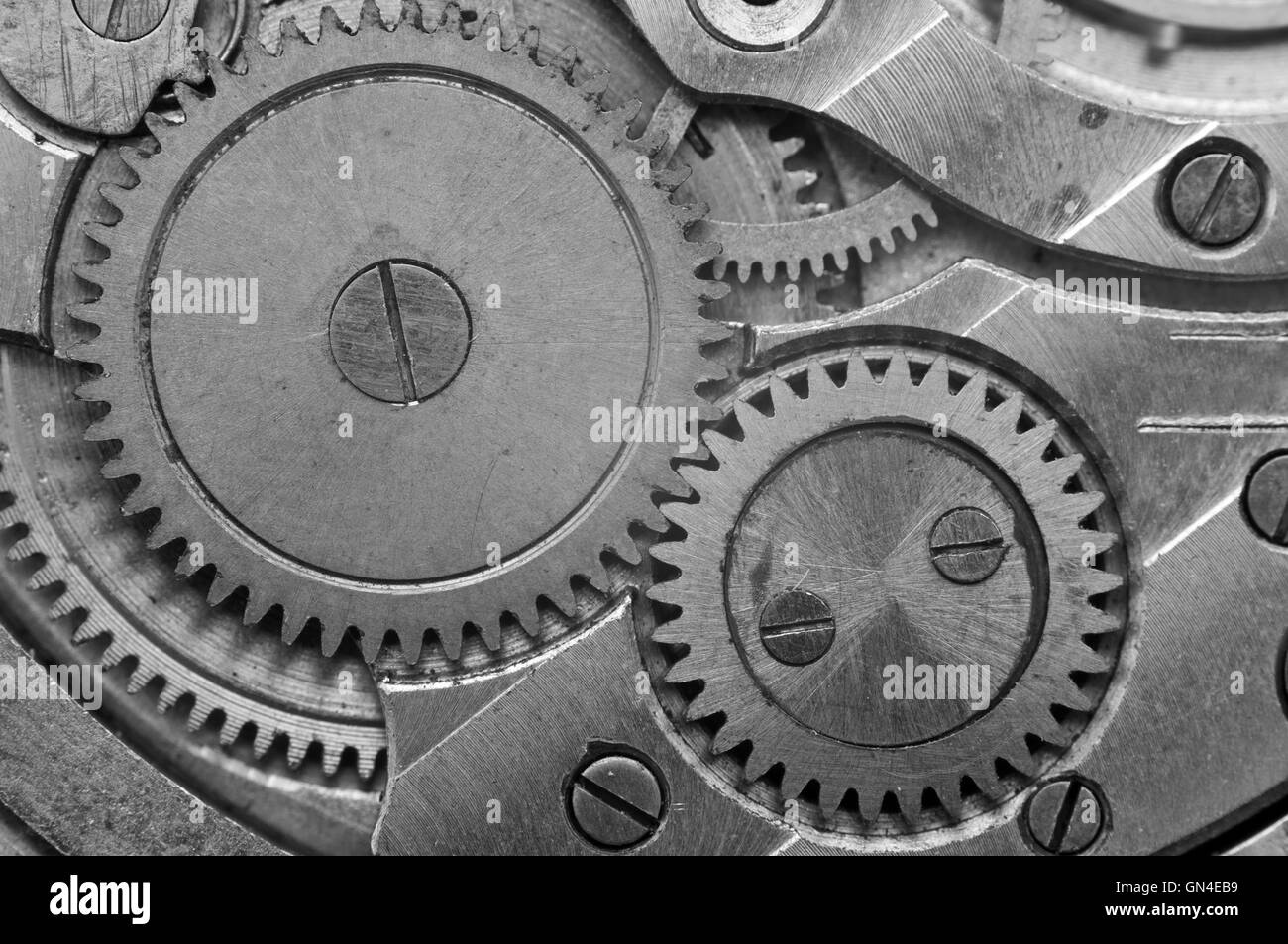 Schwarz-weiß-Metall Zahnräder im Uhrwerk, Makro. Teamwork Konzept, Idee-Technologie Stockfoto