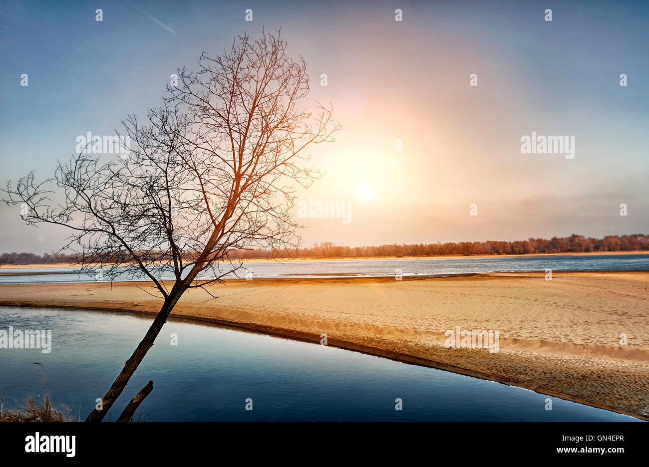 Majestätische Landschaft mit Herbstlaub über den Fluss. Vistula Flusses, Polen, Europa. Beauty-Welt. Retro gefiltert. Straffende Wirkung Stockfoto