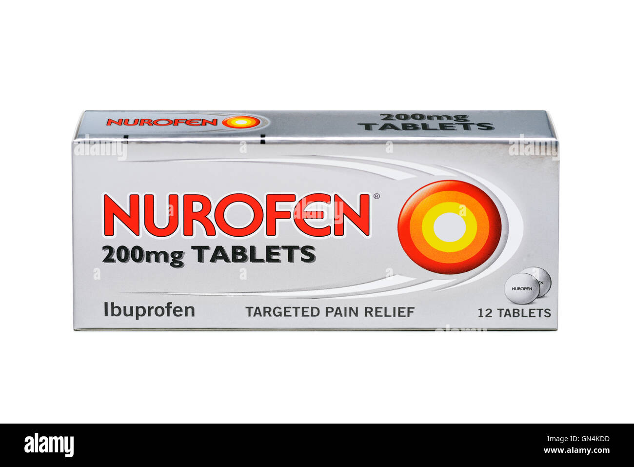 Box mit Nurofen Tabletten auf einem weißen Hintergrund. Stockfoto