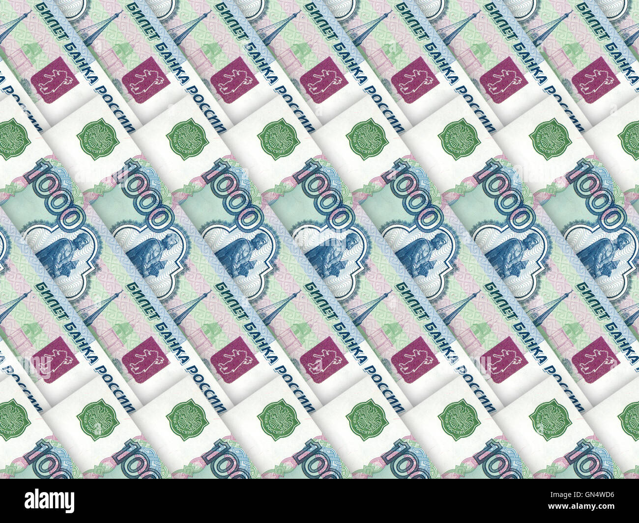 Hintergrund der Geld Haufen 1000 Rubel Stockfoto