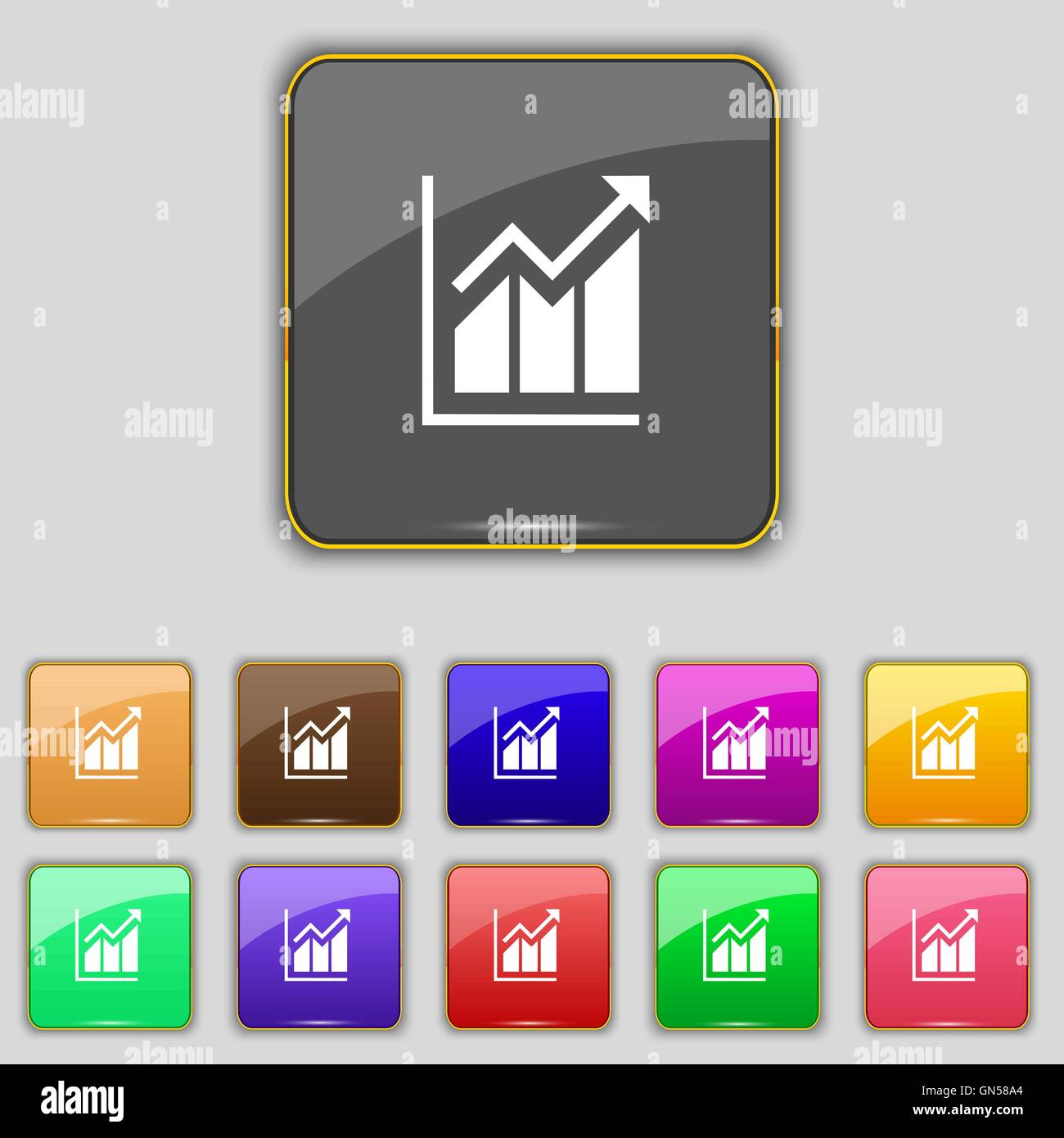 Wachsende Balkendiagramm Symbol Zeichen. Set mit elf farbigen Buttons für Ihre Website. Vektor Stock Vektor