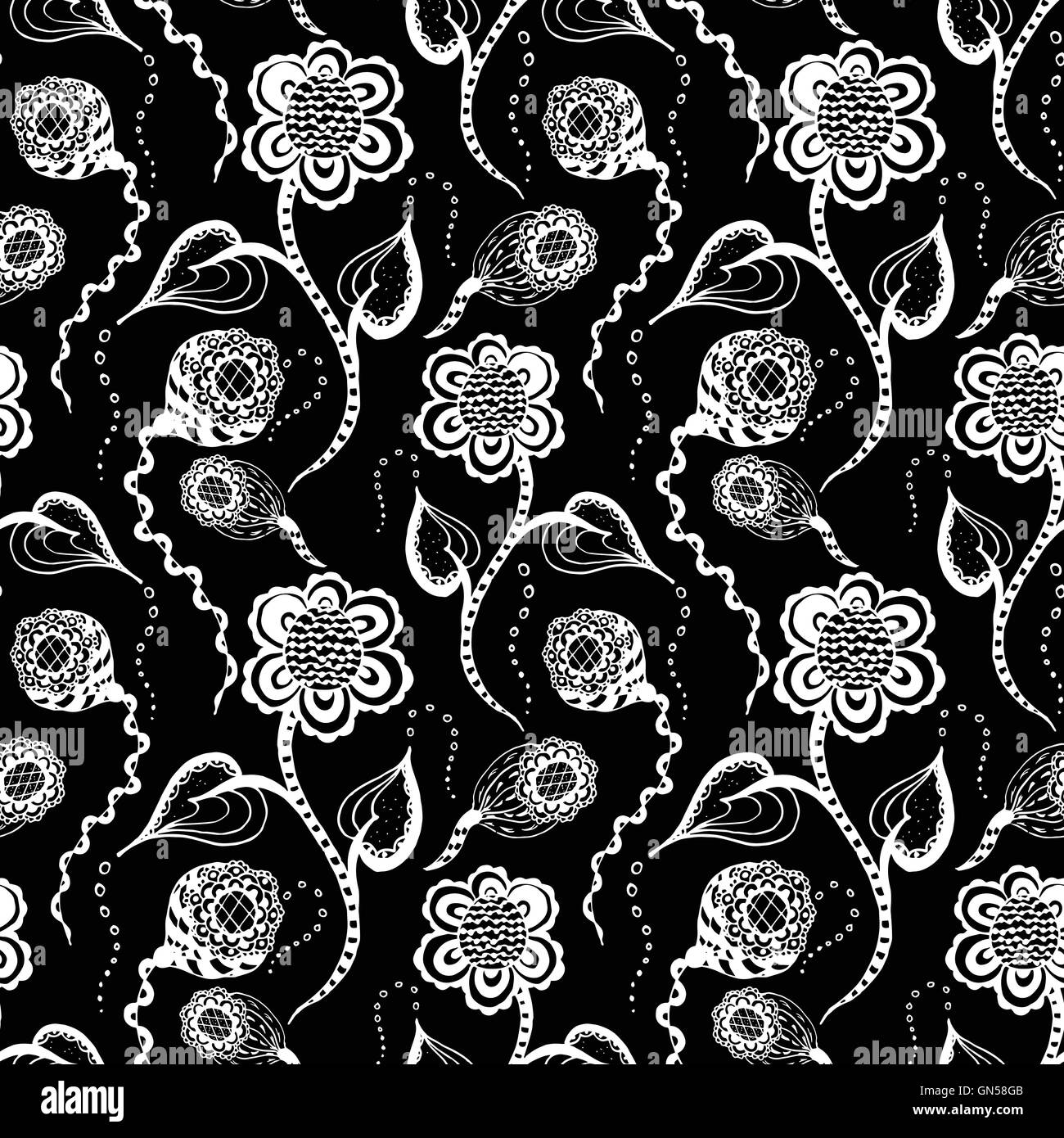 Schwarzes nahtloses Muster mit weißen Blumen Stock Vektor