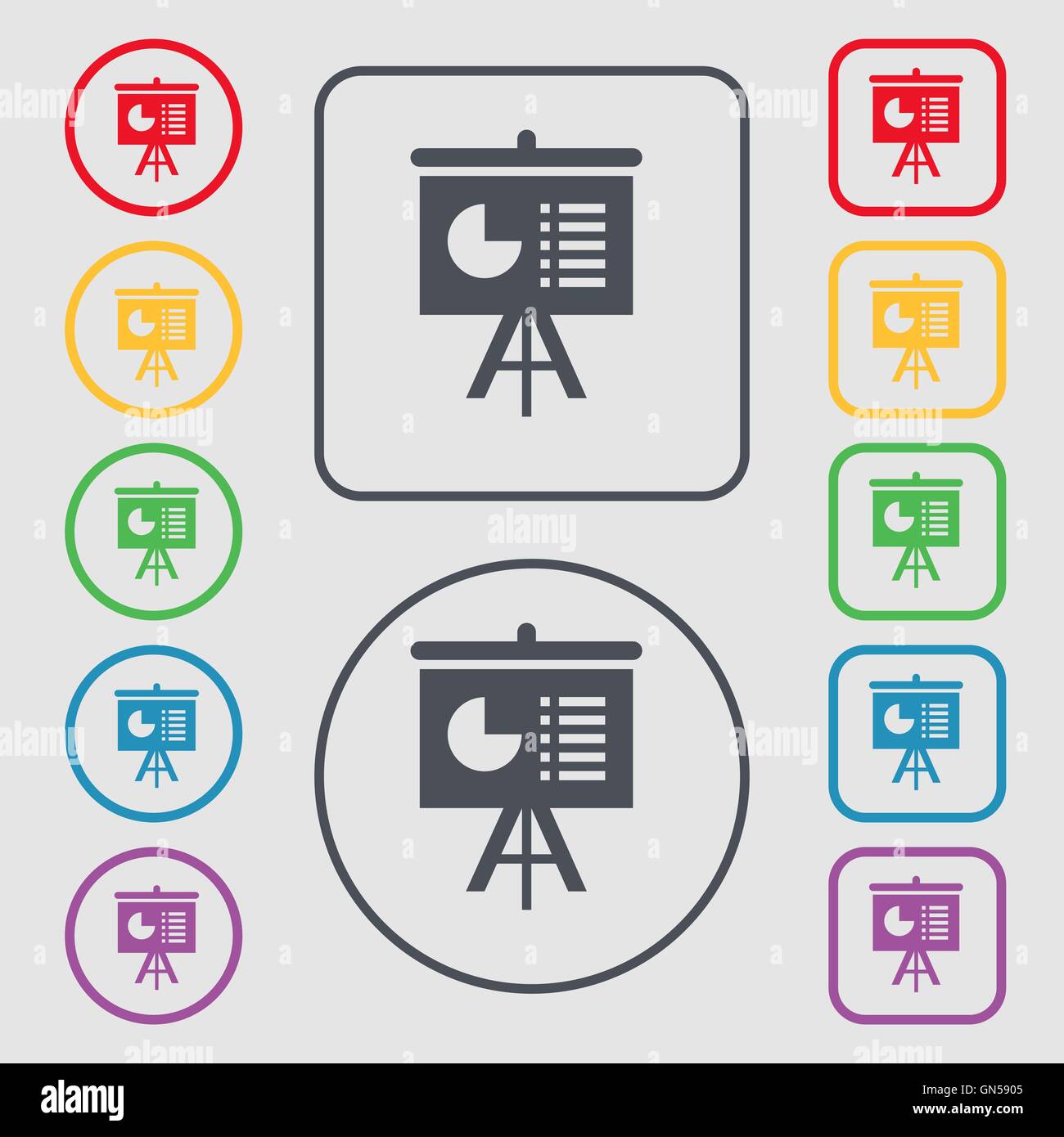 Präsentation-Board Symbol Zeichen. Symbol auf der Runde und quadratische Tasten mit Rahmen. Vektor Stock Vektor