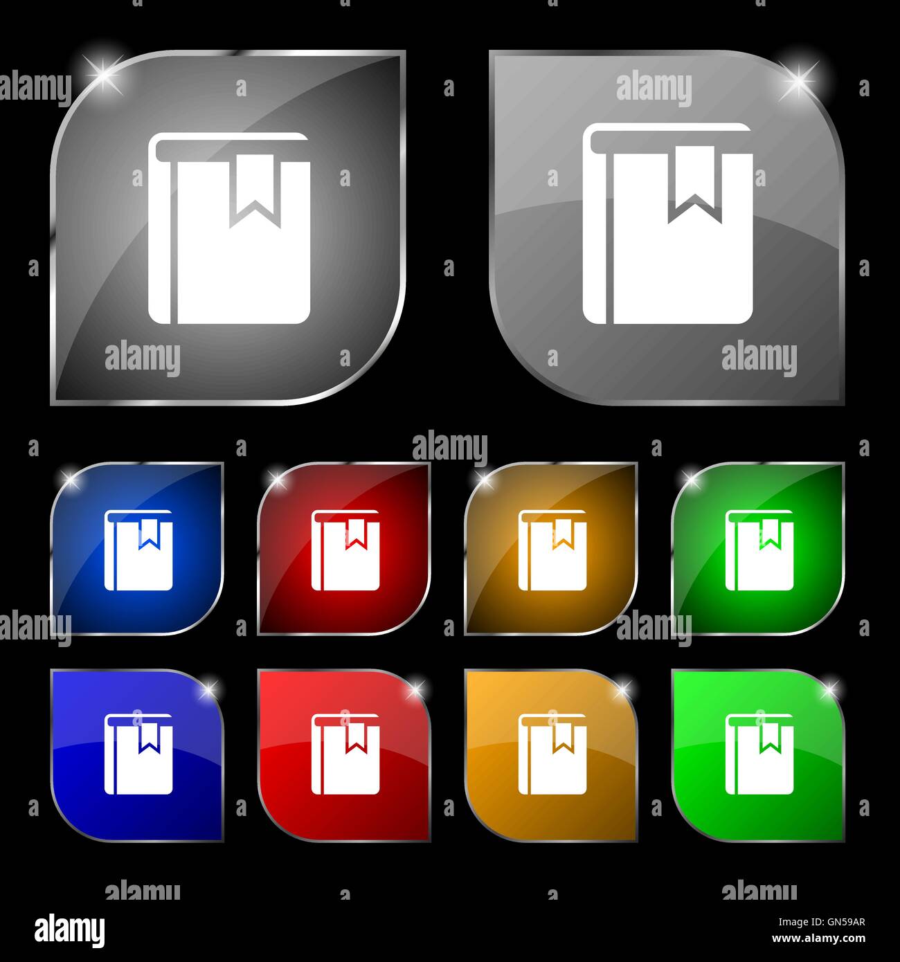 Buchen Sie Lesezeichen Symbol Zeichen. Satz von zehn bunte Knöpfe mit Blendung. Vektor Stock Vektor