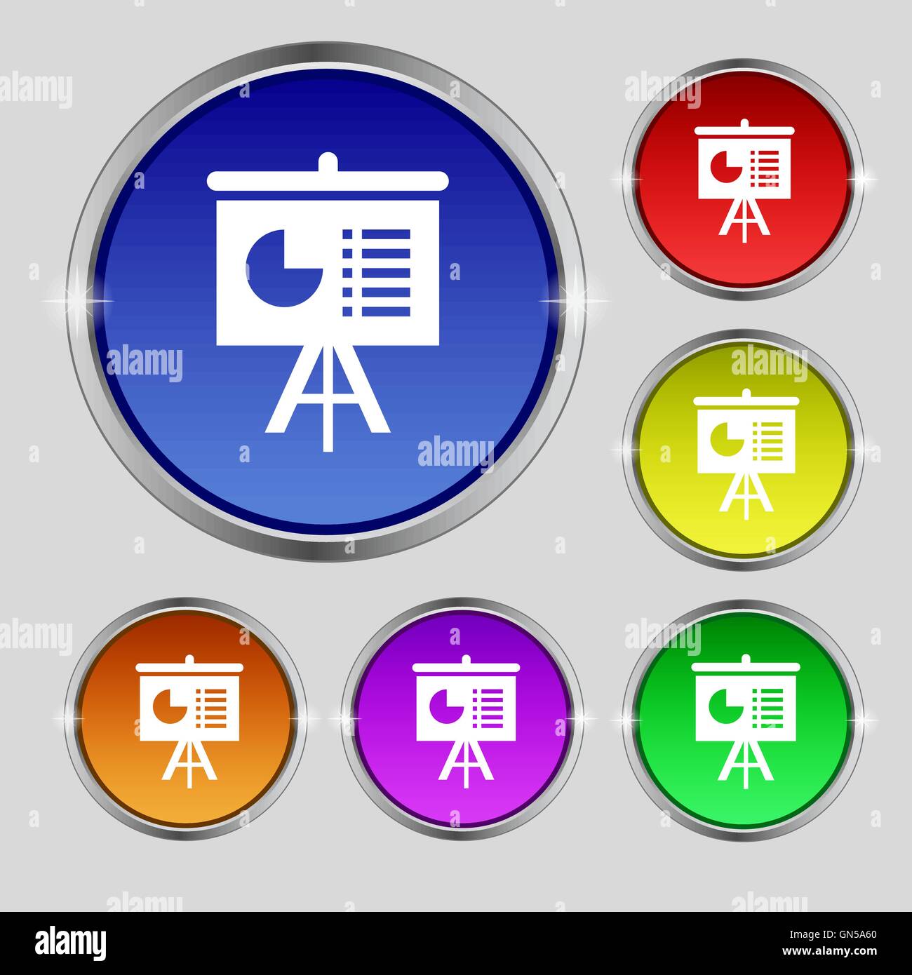 Präsentation-Board Symbol Zeichen. Rundes Symbol auf hellen bunten Knöpfen. Vektor Stock Vektor