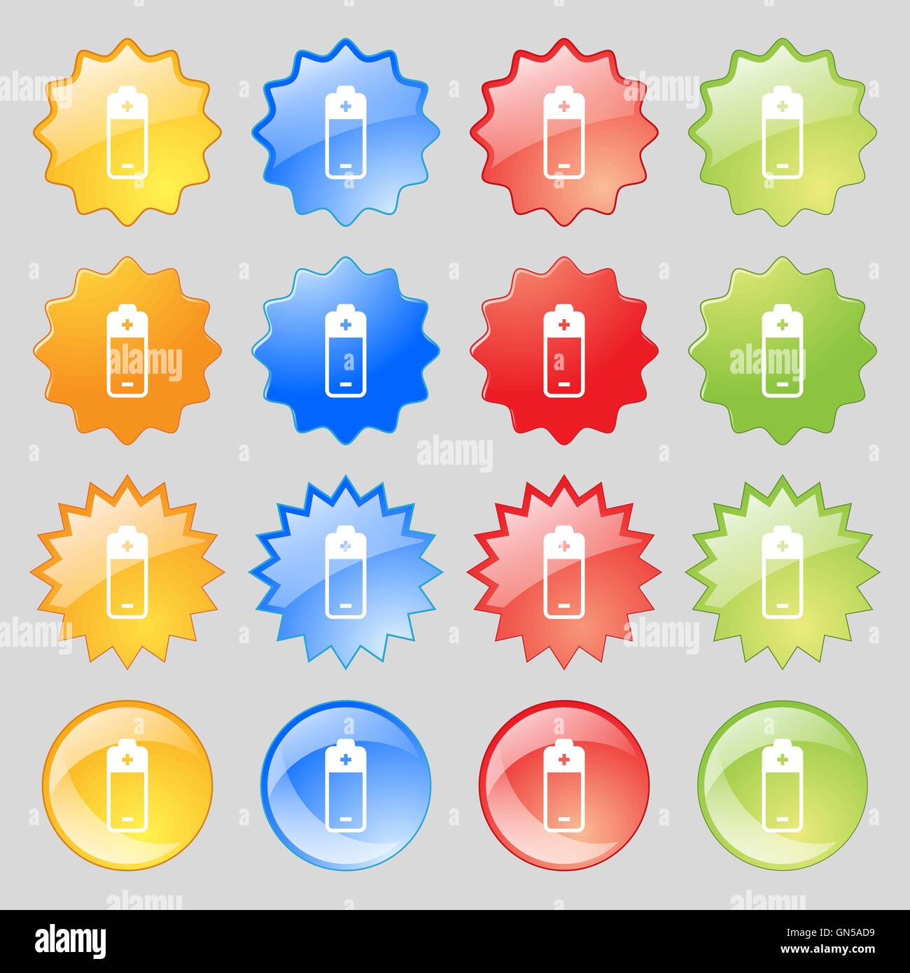 Batterie-Symbol-Zeichen. Große Reihe von 16 bunte moderne Schaltflächen für Ihr Design. Vektor Stock Vektor