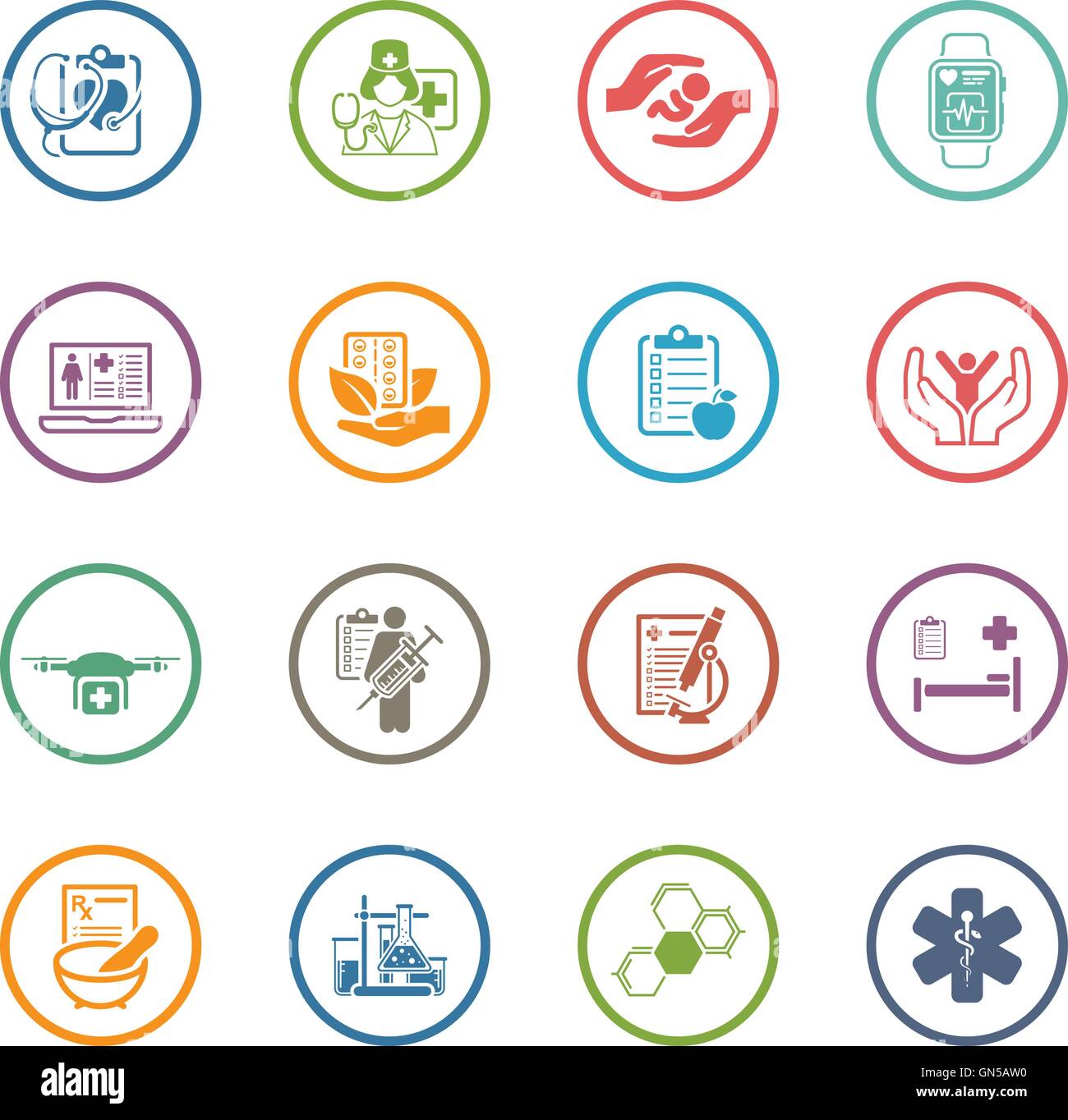 Medizin und Gesundheitswesen Icons Set. Flaches Design. Stock Vektor