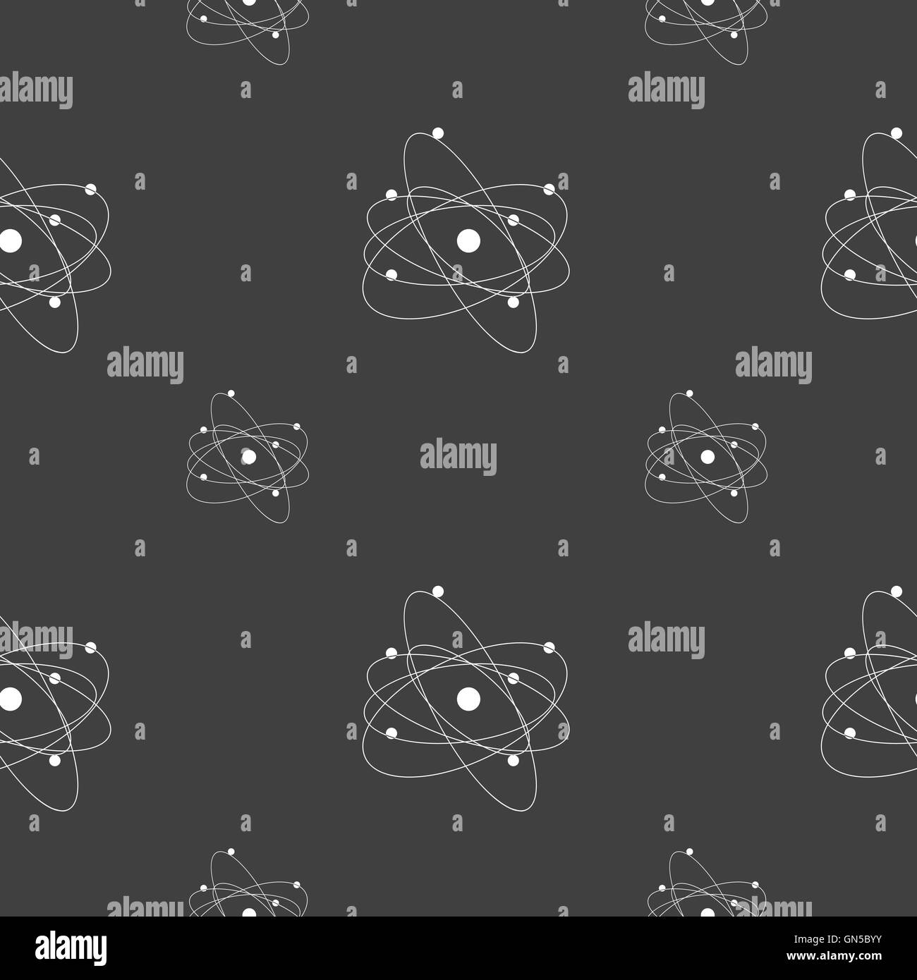 Physik, Atom, Urknall Symbol Zeichen. Nahtlose Muster auf einem grauen Hintergrund. Vektor Stock Vektor