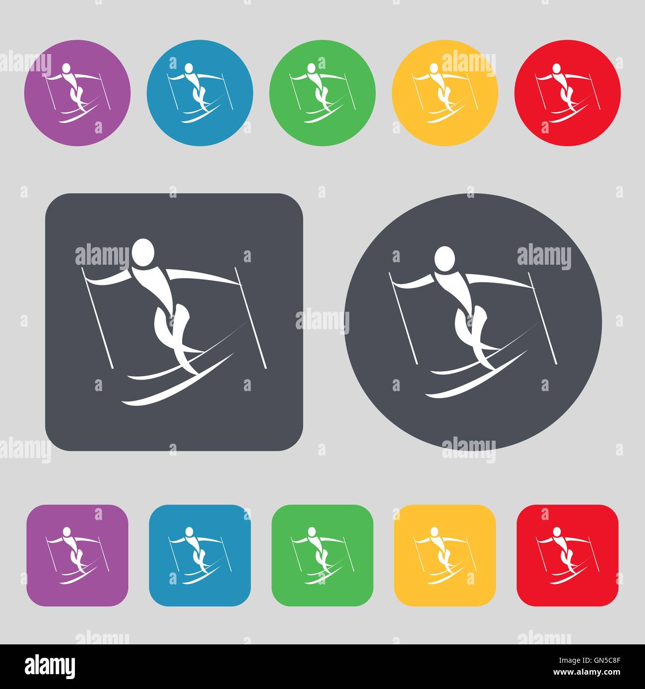 Skifahrer-Symbol Zeichen. Ein Satz von 12 farbige Tasten. Flaches Design. Vektor Stock Vektor
