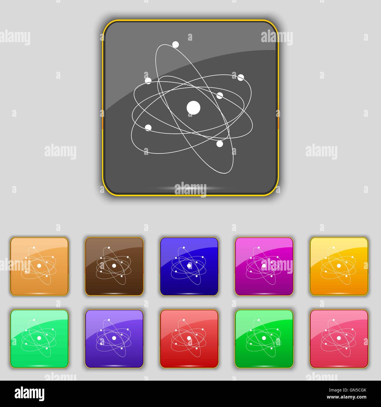 Physik, Atom, Urknall Symbol Zeichen. Set mit elf farbigen Buttons für Ihre Website. Vektor Stock Vektor