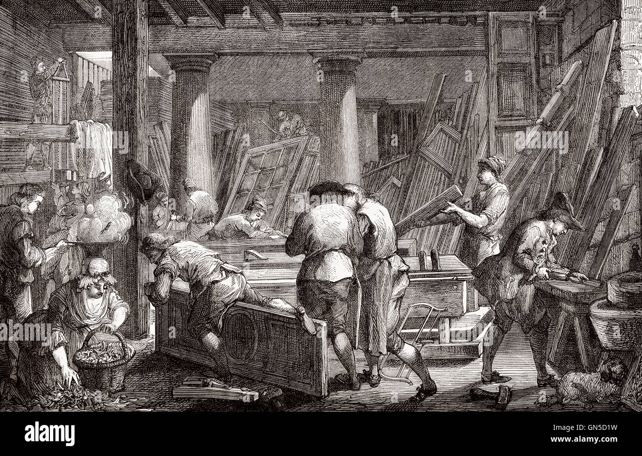Ein Workshop von einem Tischler, 18. Jahrhundert, Jacques-François Amand Stockfoto