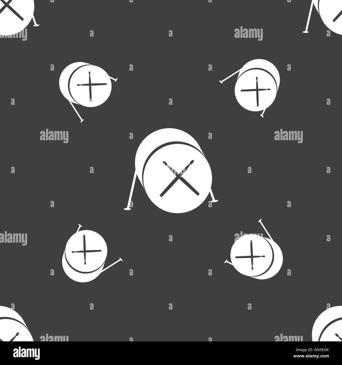 Drum-Symbol Zeichen. Nahtlose Muster auf einem grauen Hintergrund. Vektor Stock Vektor
