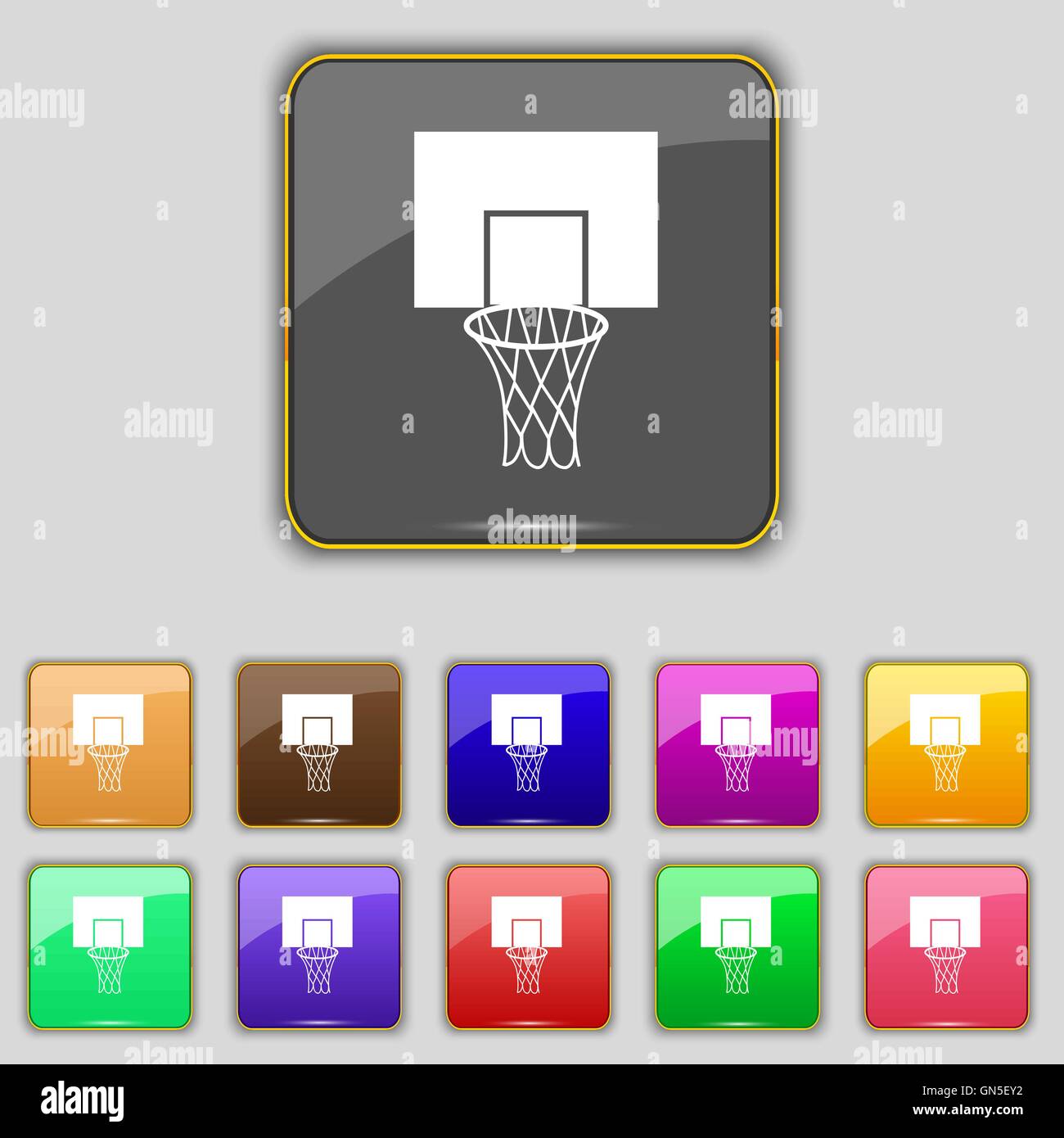 Basketball-Backboard Symbol Zeichen. Set mit elf farbigen Buttons für Ihre Website. Vektor Stock Vektor