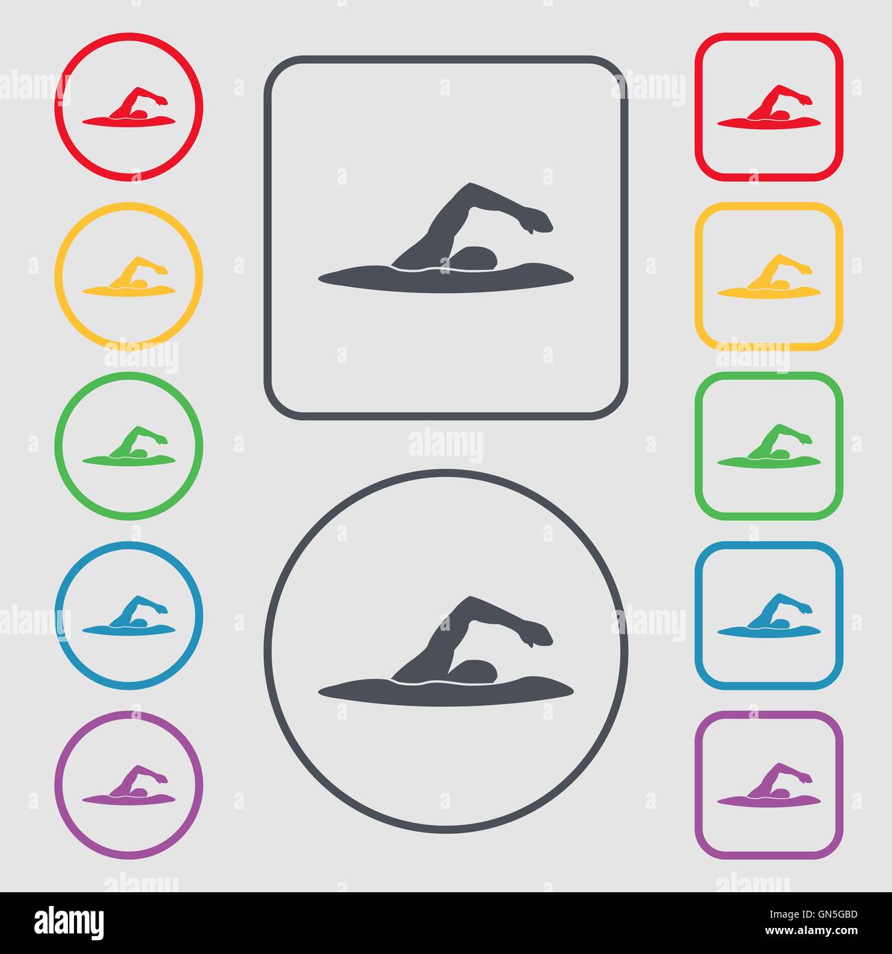 Schwimmer-Symbol Zeichen. Symbol auf der Runde und quadratische Tasten mit Rahmen. Vektor Stock Vektor