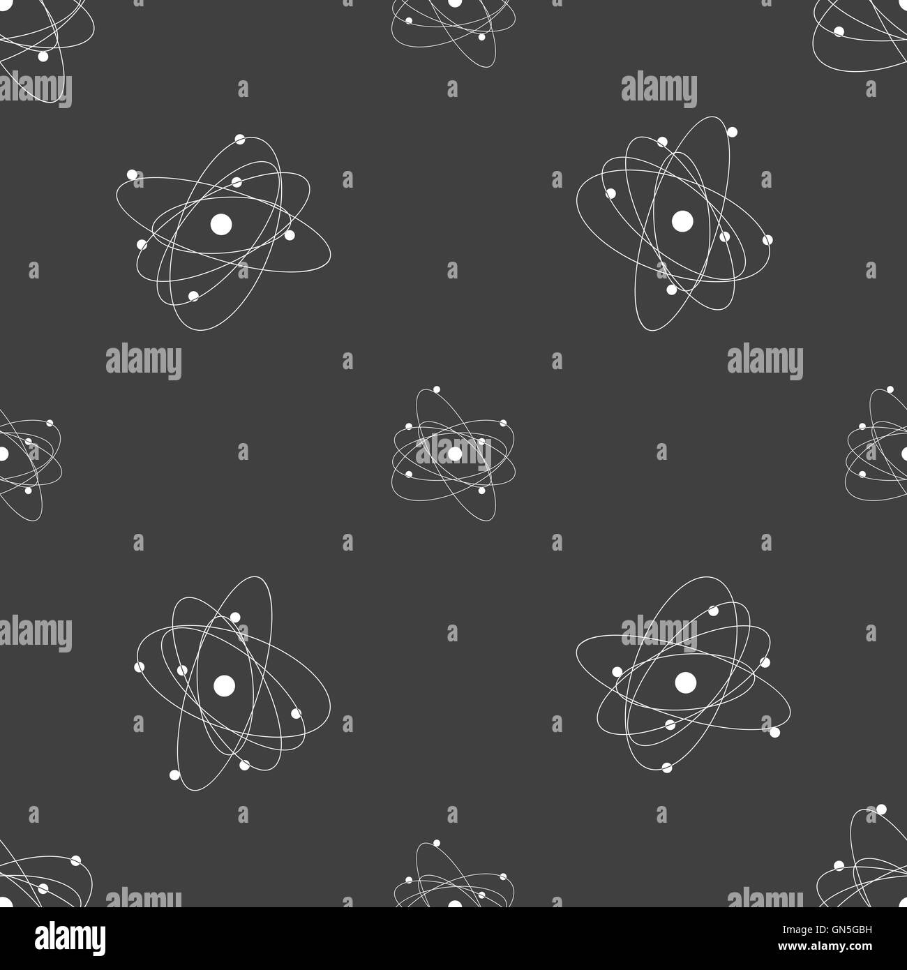 Physik, Atom, Urknall Symbol Zeichen. Nahtlose Muster auf einem grauen Hintergrund. Vektor Stock Vektor