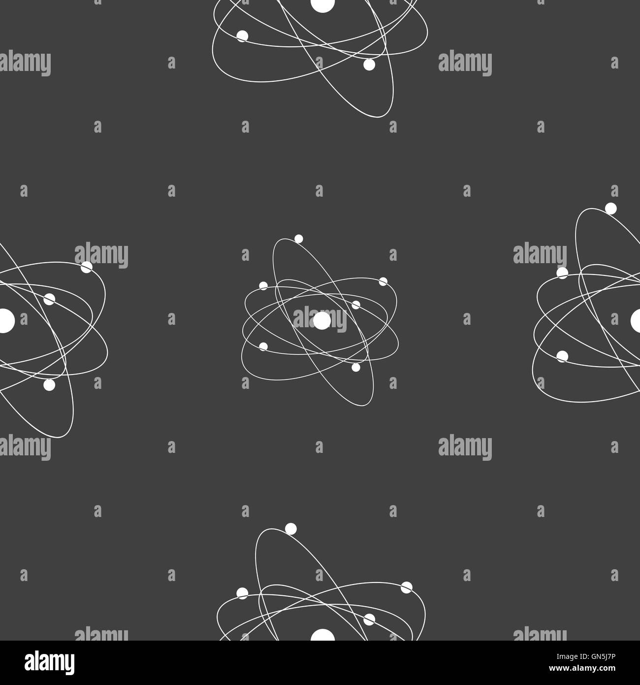 Physik, Atom, Urknall Symbol Zeichen. Nahtlose Muster auf einem grauen Hintergrund. Vektor Stock Vektor