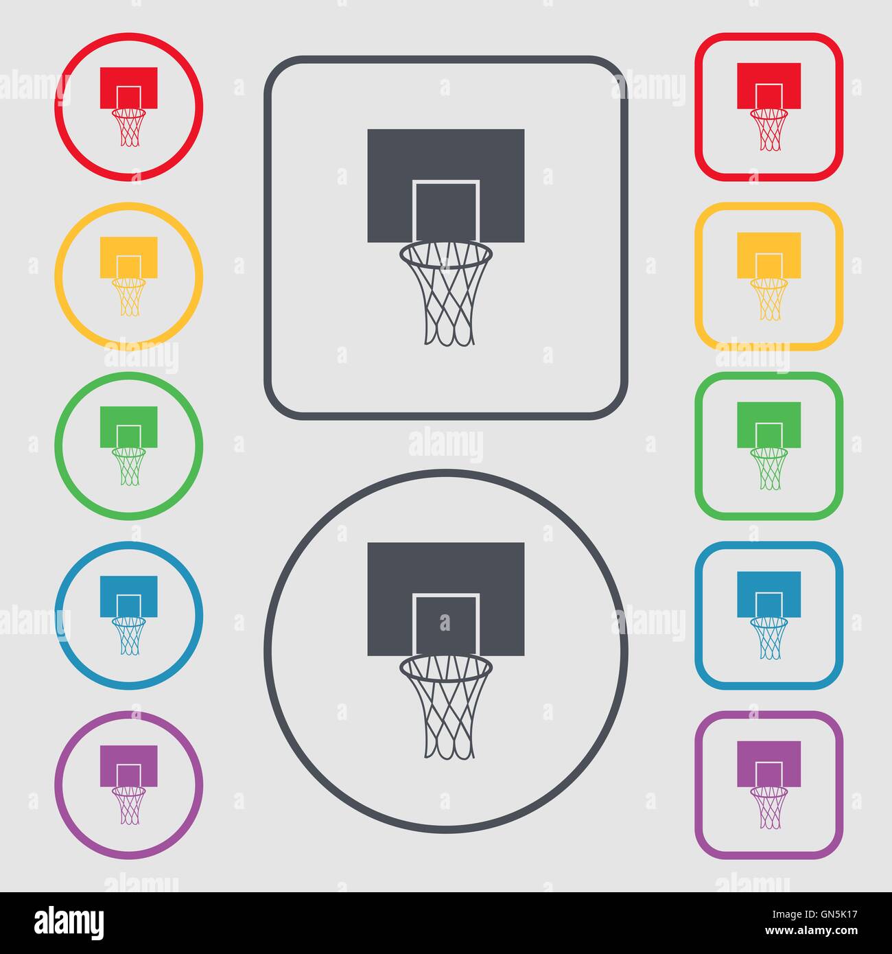 Basketball-Backboard Symbol Zeichen. Symbol auf der Runde und quadratische Tasten mit Rahmen. Vektor Stock Vektor