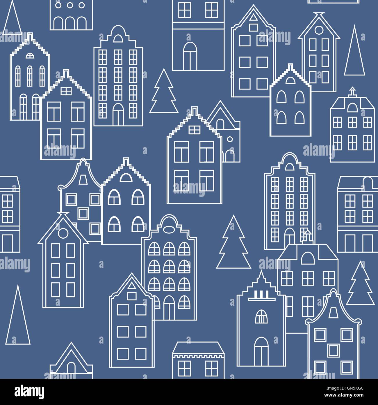Vektor Musterdesign Hintergrund mit europäischen Häusern in blau. Stock Vektor