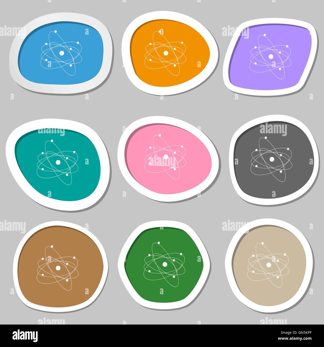 Physik, Atom, Urknall Symbole. Bunte Papier Sticker. Vektor Stock Vektor