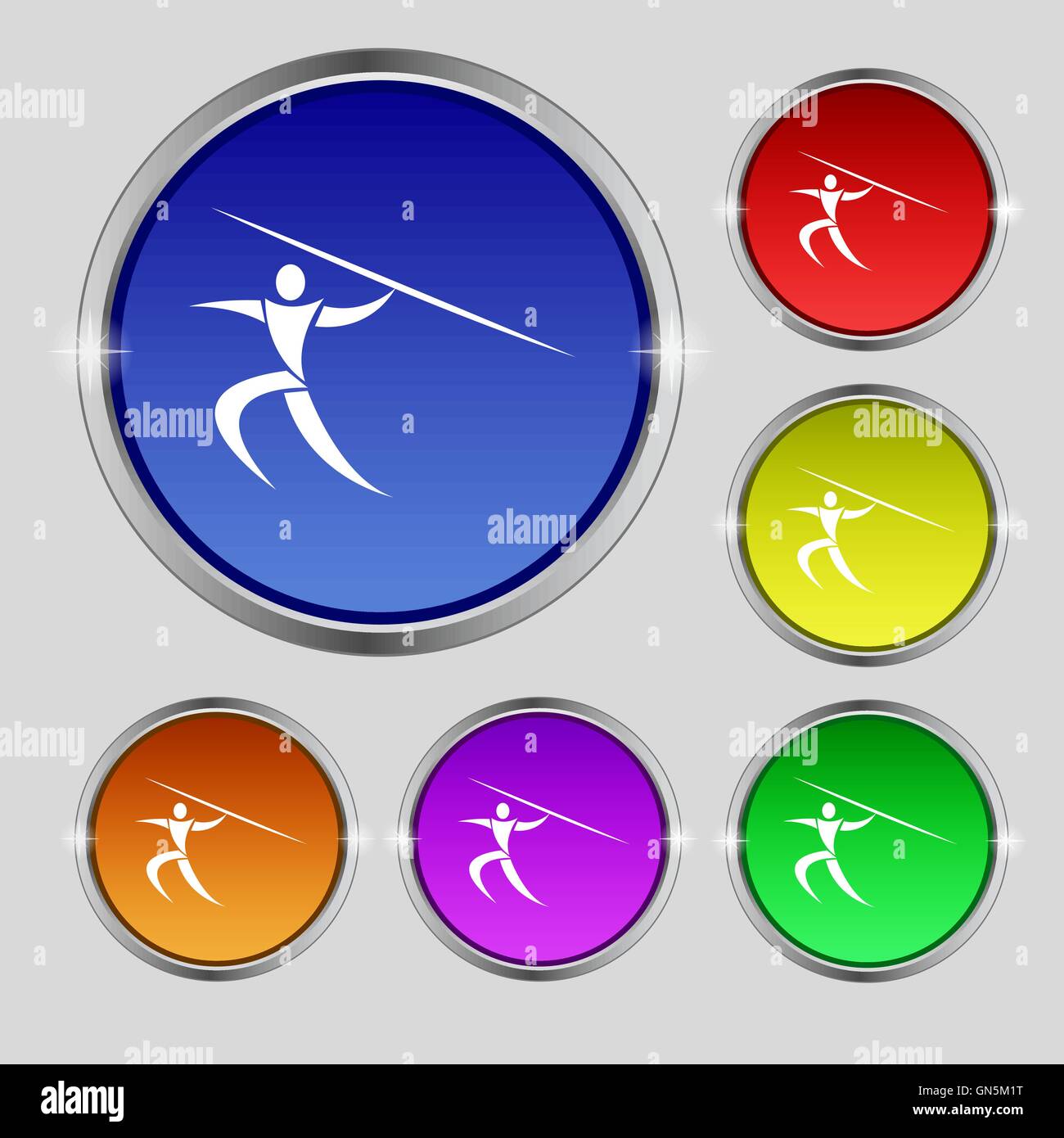 Sommersport, Speerwurf Symbol Zeichen. Rundes Symbol auf hellen bunten Knöpfen. Vektor Stock Vektor
