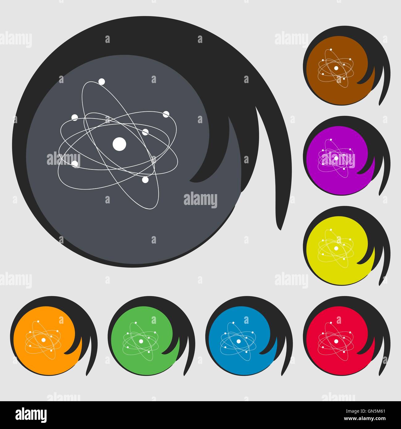 Physik, Atom, Urknall-Symbol. Symbole auf acht farbigen Tasten. Vektor Stock Vektor