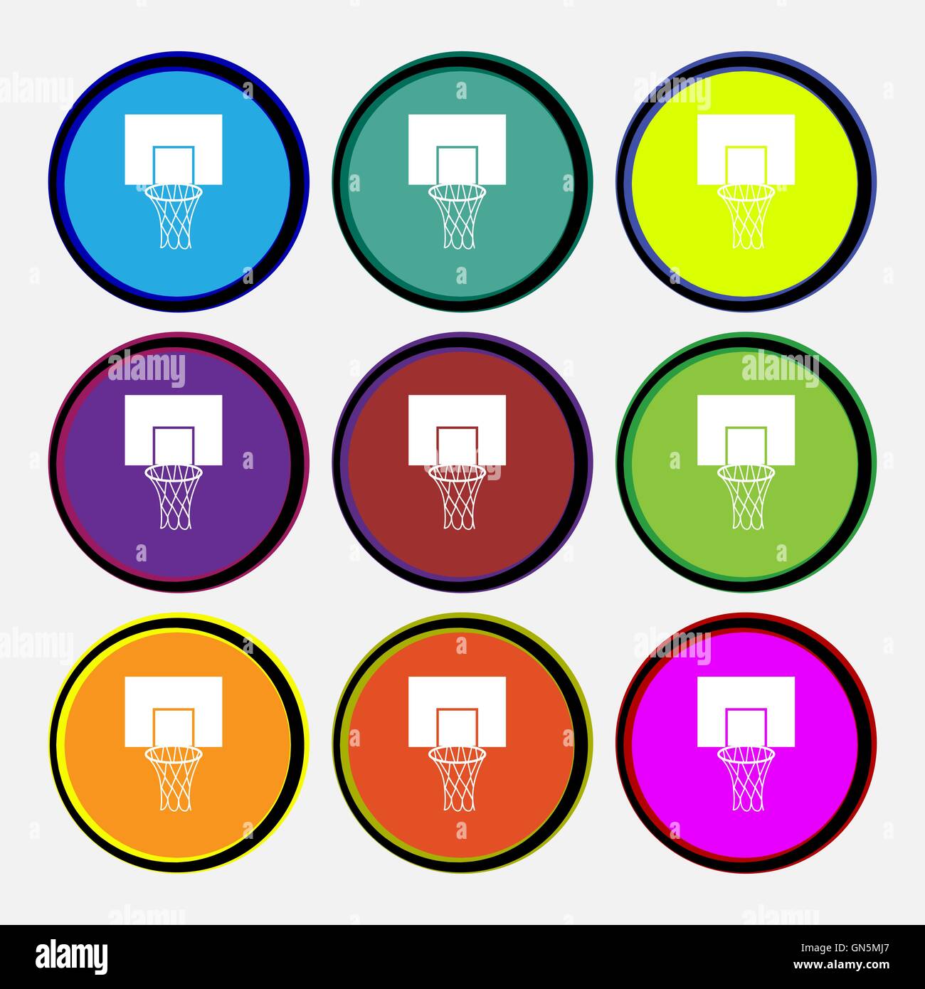 Basketball-Backboard Symbol Zeichen. Neun Multi farbige Runde Tasten. Vektor Stock Vektor