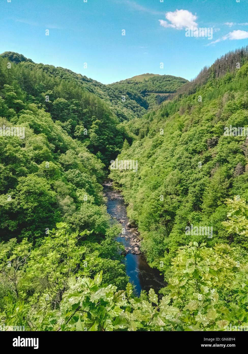 Fluss im Tal in der Nähe von Teufelsbrücke in Wales Stockfoto