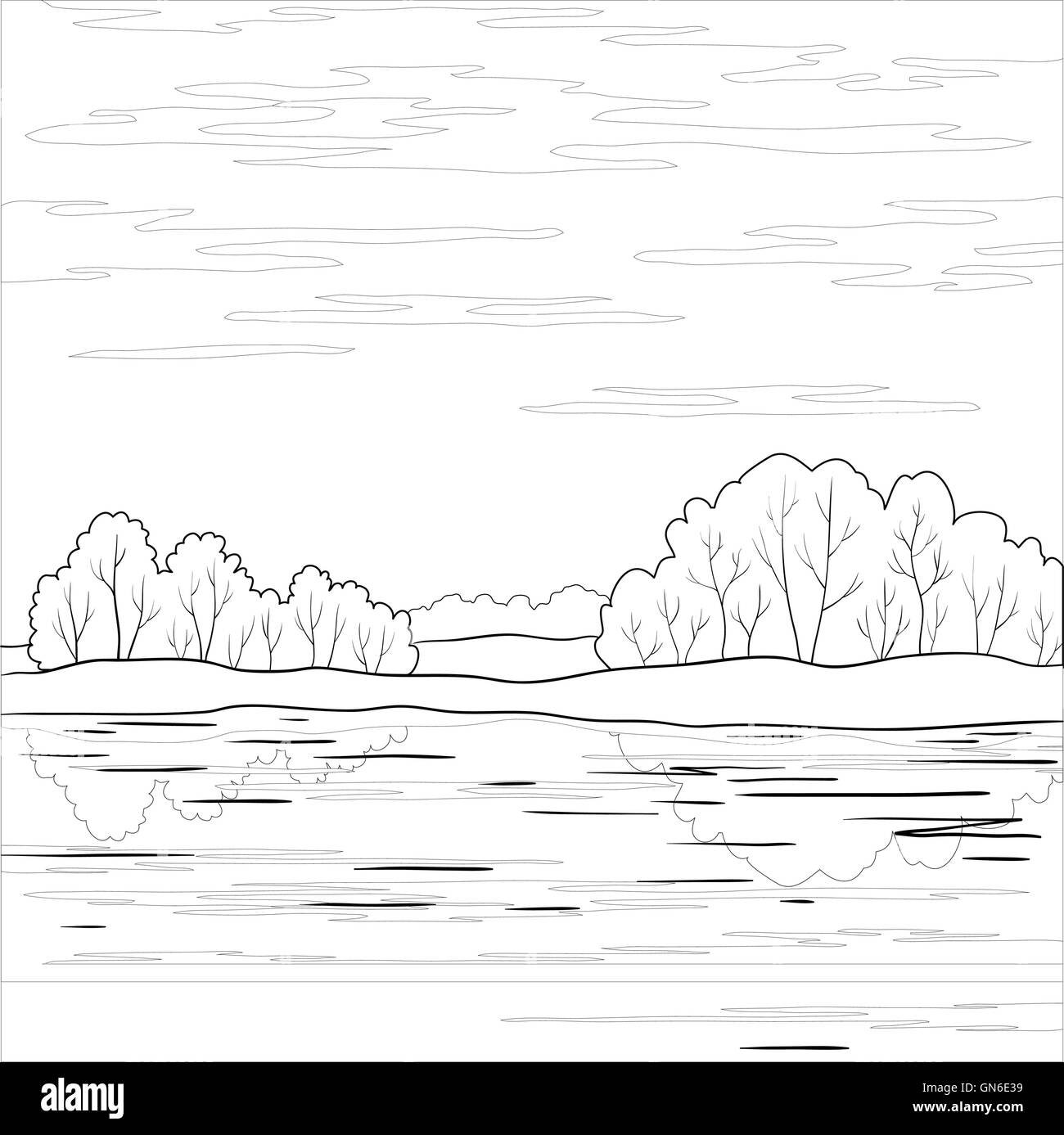 Landschaft. Forest River, Gliederung Stock Vektor