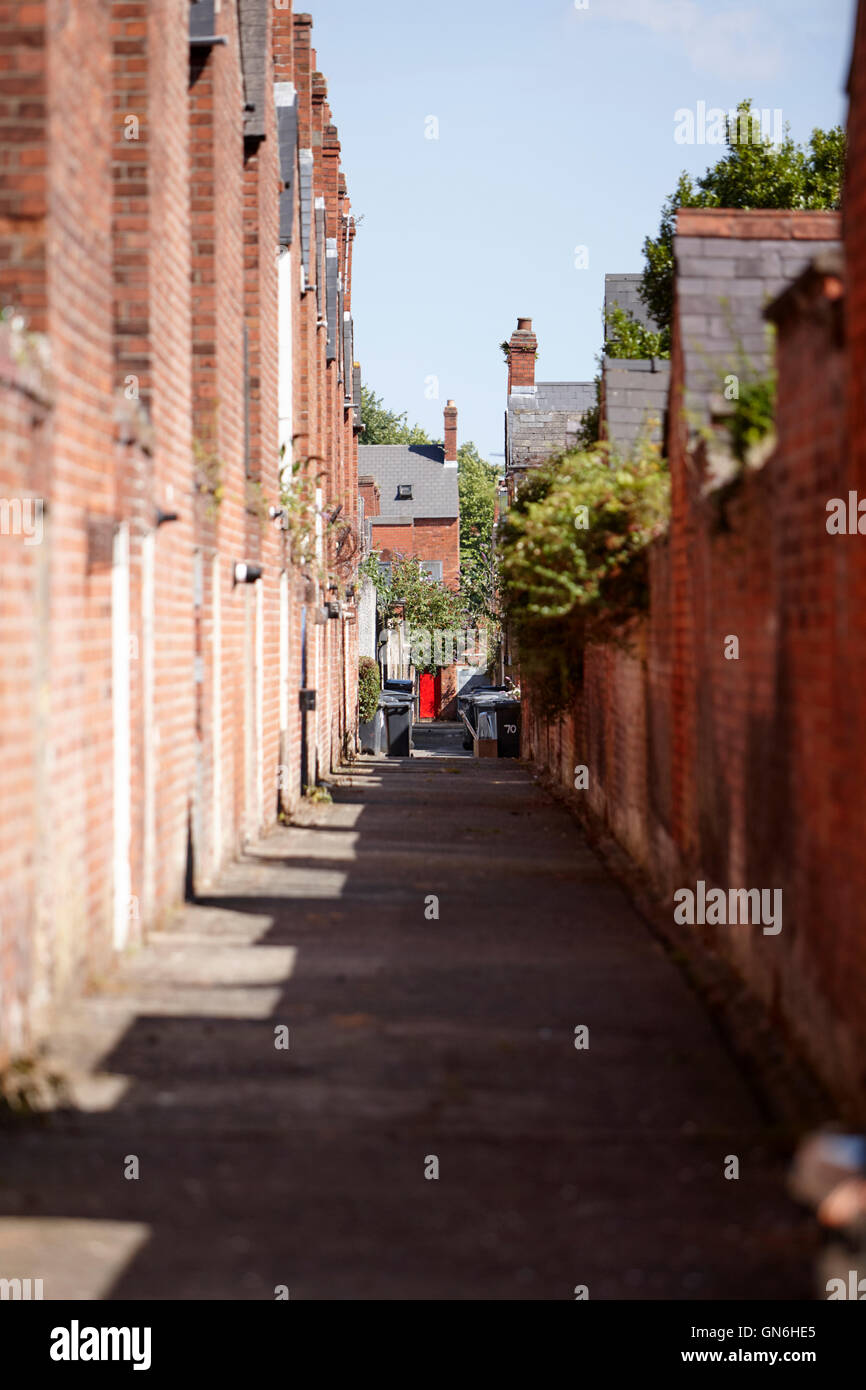 schmale Gasse zwischen viktorianischen Reihenhäusern und Stadthäuser in South Belfast uk Stockfoto