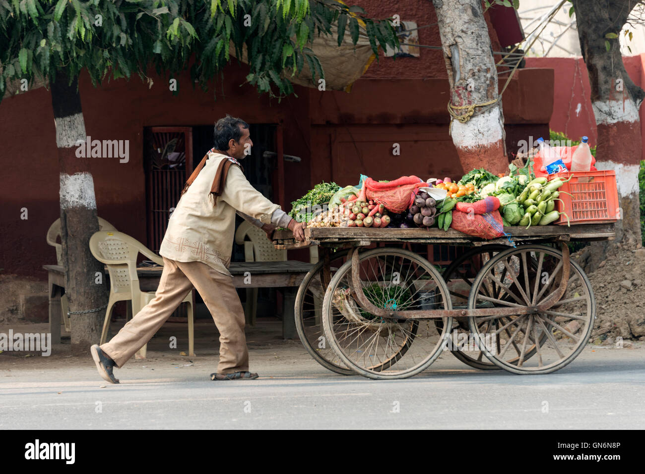 Ein Obst- und Gemüsehändler, der seinen Wagen entlang einer belebten Hauptstraße in Agra, Uttar Pradesh, Indien, rollte. Stockfoto
