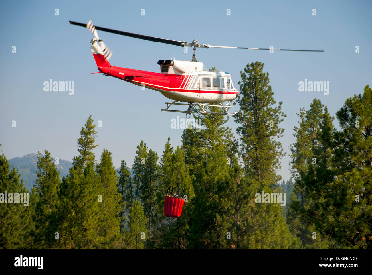 Wald Feuer Hubschrauber fliegen über einen Wald mit einem orangefarbenen Eimer Wasser Stockfoto