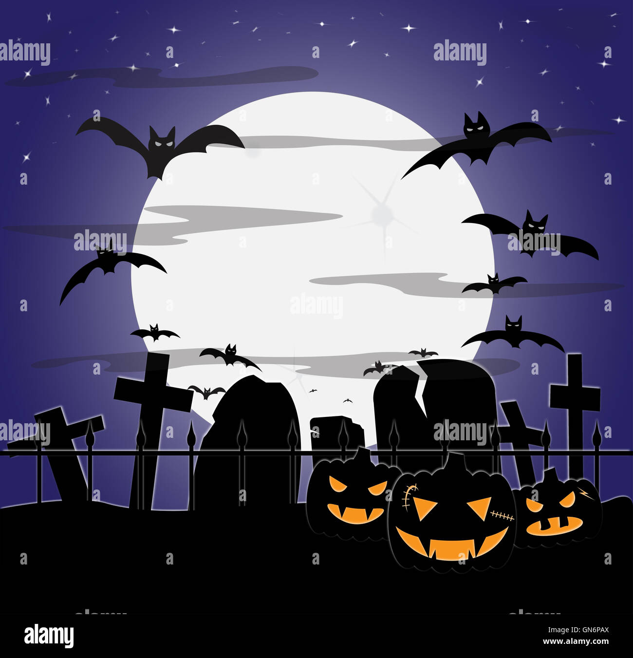 Eine trübe Halloween Friedhof-Szene in der Nacht mit Fledermäusen und Kürbissen Stockfoto