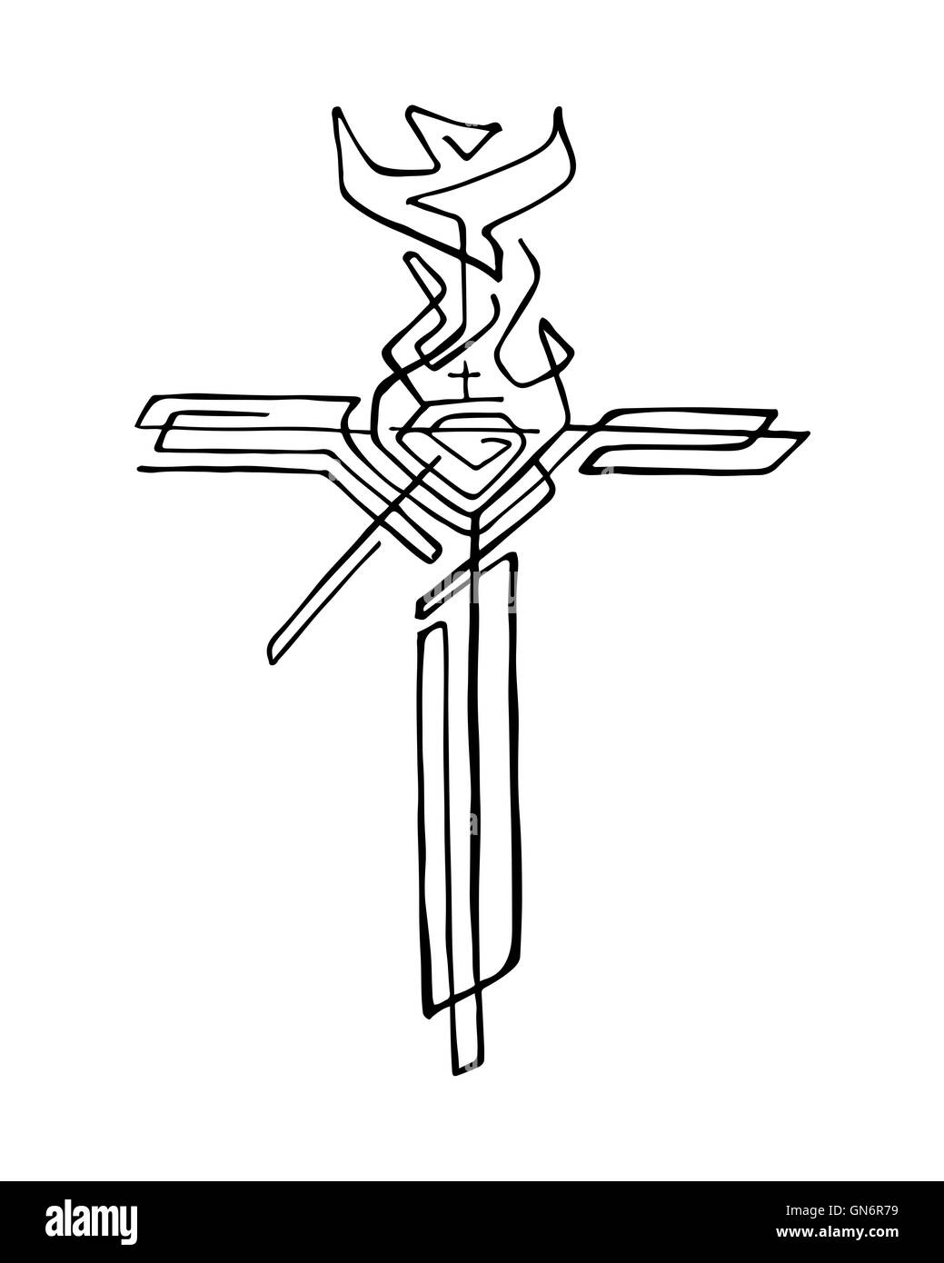 Handgezeichnete Illustrationen oder Zeichnung aus einem religiösen Kreuz mit verschiedenen Symbolen Stockfoto