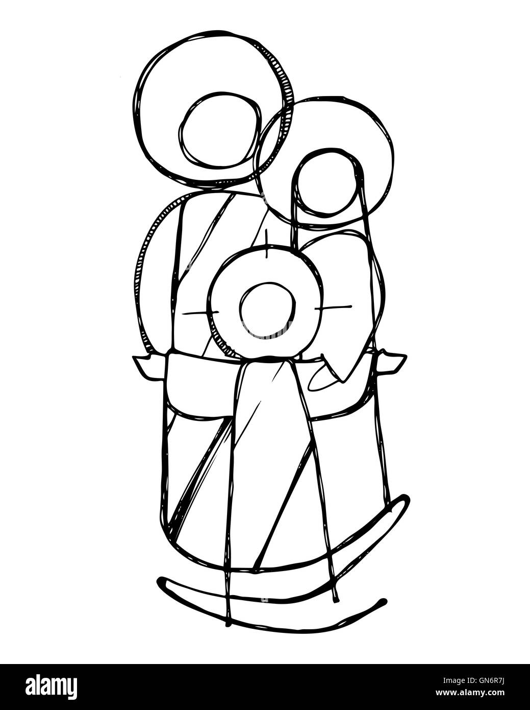 Handgezeichnete Illustrationen oder Zeichnung von Jesus Heilige Familie in einem minimalistischen Stil Stockfoto