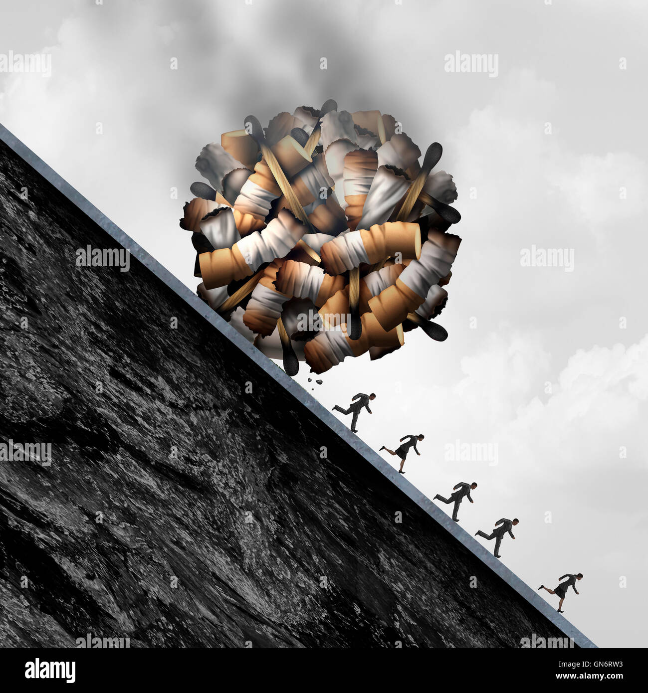 Gefahren von Rauchen-Konzept als ein fallender Stein vom rauchen Zigaretten und Tabak Objekte als medizinisches Risiko und gefährlichen Gesundheitswesen Problem der Raucher gefährdet mit 3D Abbildung Elementen gebildet Stockfoto