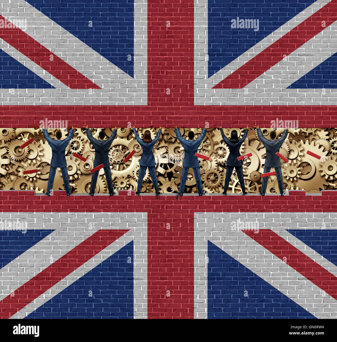 Innerhalb Großbritanniens Wirtschaft der britischen Industrie Konzept als eine Gruppe von verschiedenen Männern und Frauen heben Sie eine Mauer Freilegung der wirtschaftlichen Getriebe und Zahnräder mit 3D Abbildung Elemente. Stockfoto