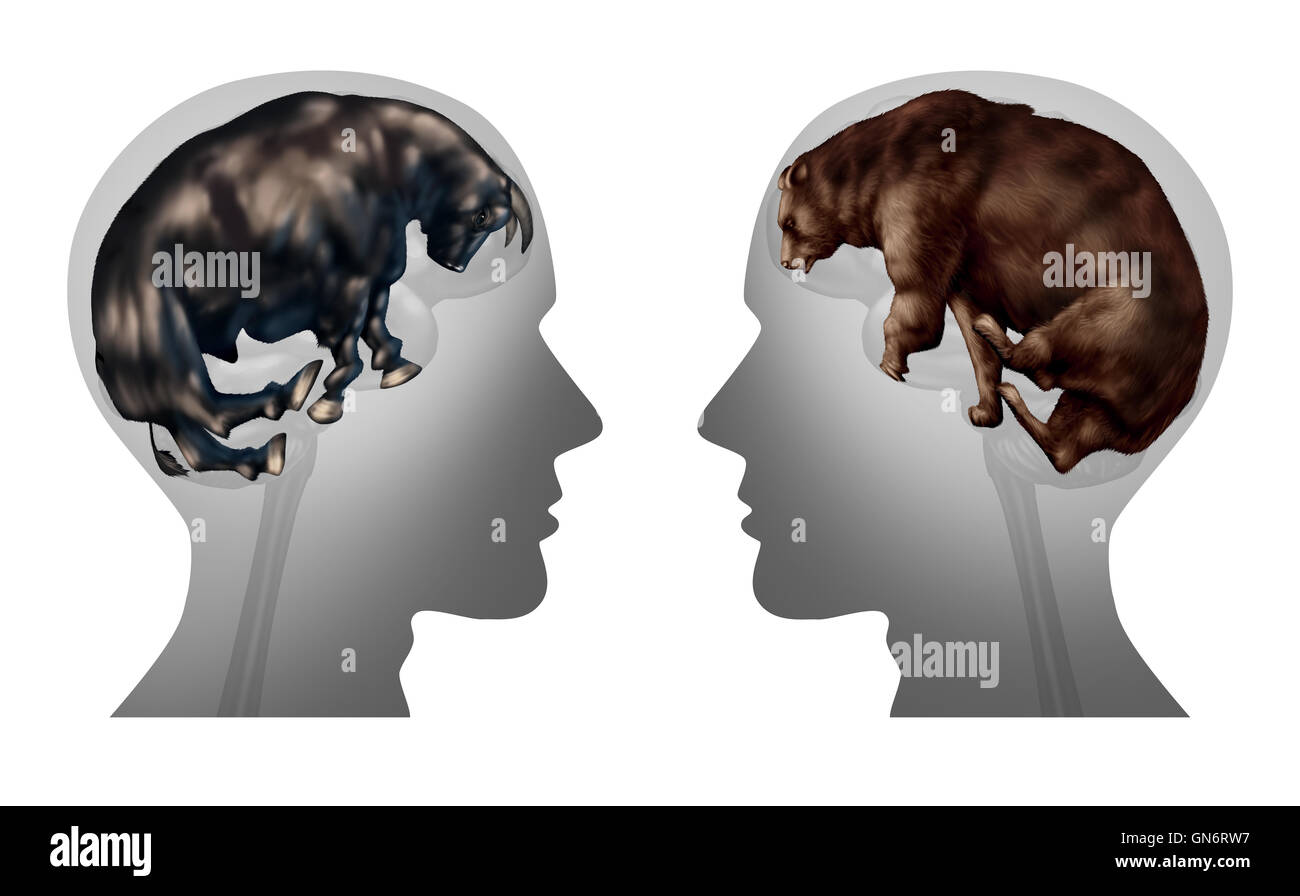 Business Markt investieren denken und Investor Psychologie als Symbol der Beratung zu kaufen oder verkaufen von Aktien als finanzielle Bullen und Bären als ein menschliches Gehirn als Finanzen Metapher für Investmentidee mit 3D Abbildung Elementen geformt. Stockfoto