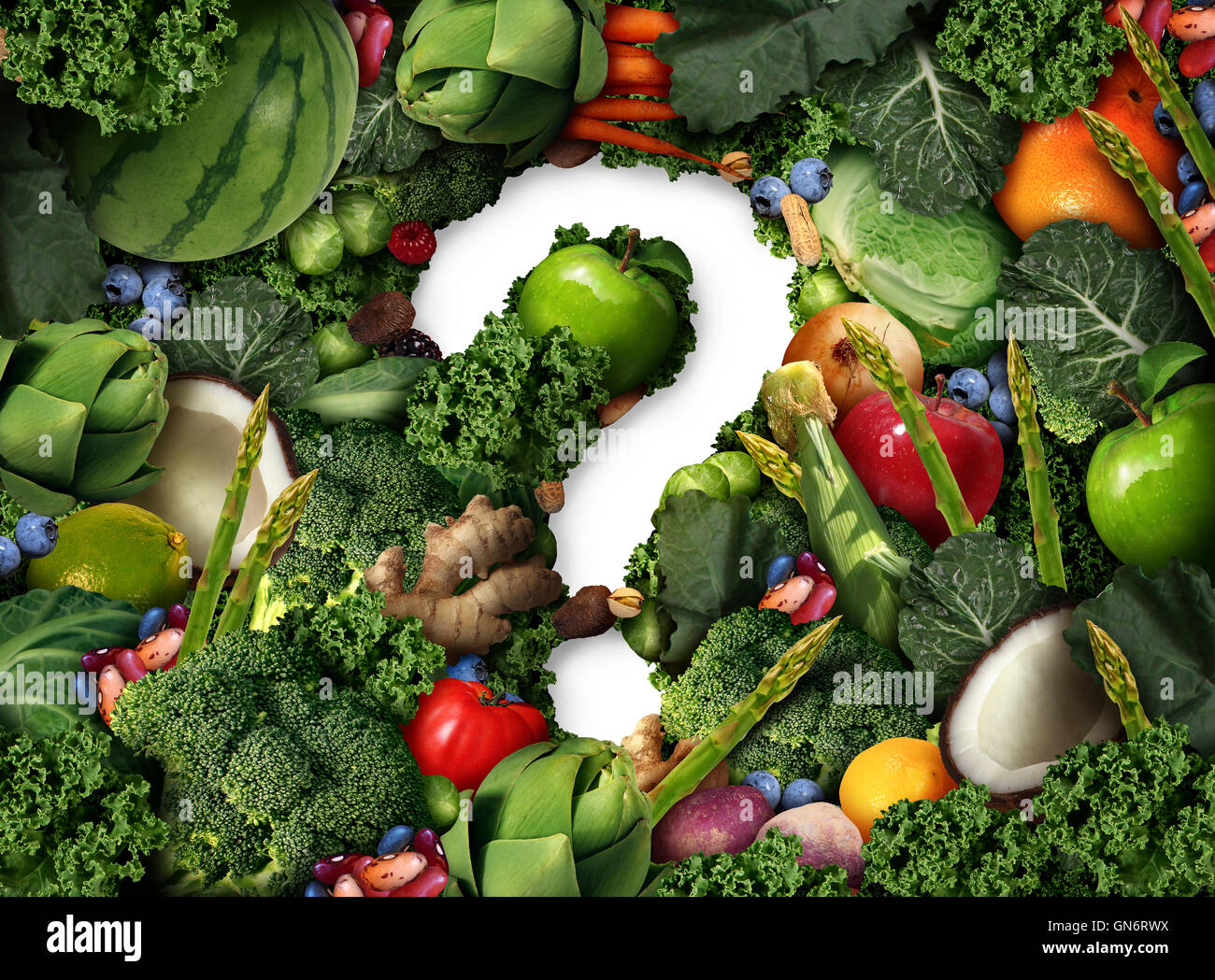 Gesunde Ernährung Fragen als ein Konzept für die grüne Diät als eine Gruppe von frischem Obst Gemüse Nüssen Bohnen und Beeren in die Form eines Fragezeichens als Symbol der guten ballaststoffreiche Ernährung und Informationen über die natürliche Ernährung in eine 3D Darstellung Stil. Stockfoto